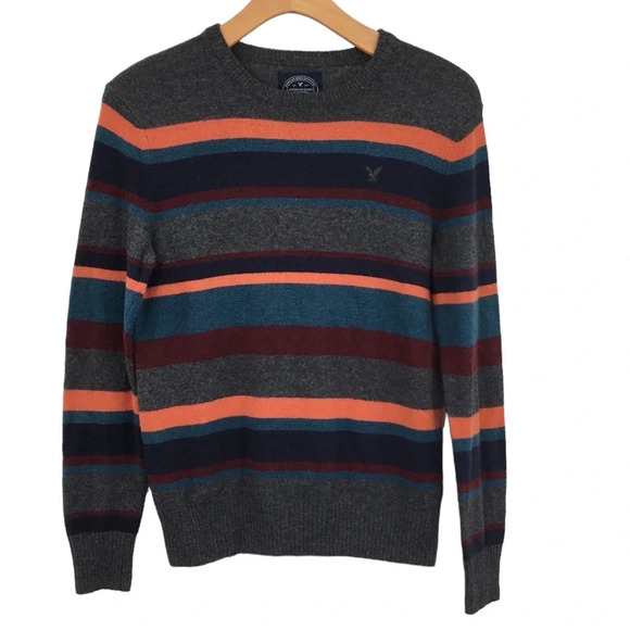 American Eagle Gray Blue Striped Knit Sweater‎ Mens Medium Athletic Fit - Picture 1 of 12